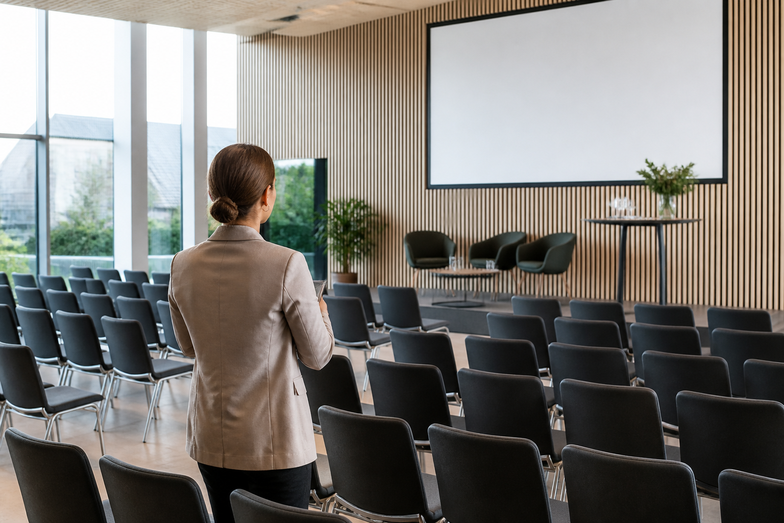 Konferencelokale klargjort til et fagligt virksomhedsarrangement